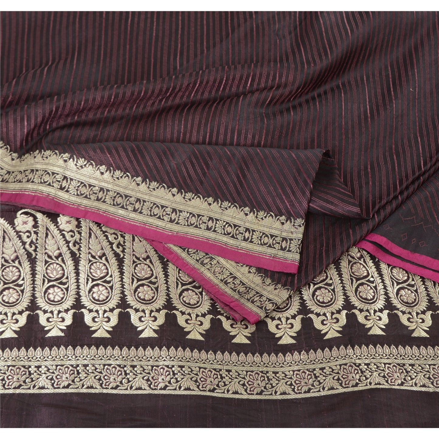 Sanskriti Vintage Plum Sarees Pure Satin Silk Banarasi Brocade Fabric Craft Sari