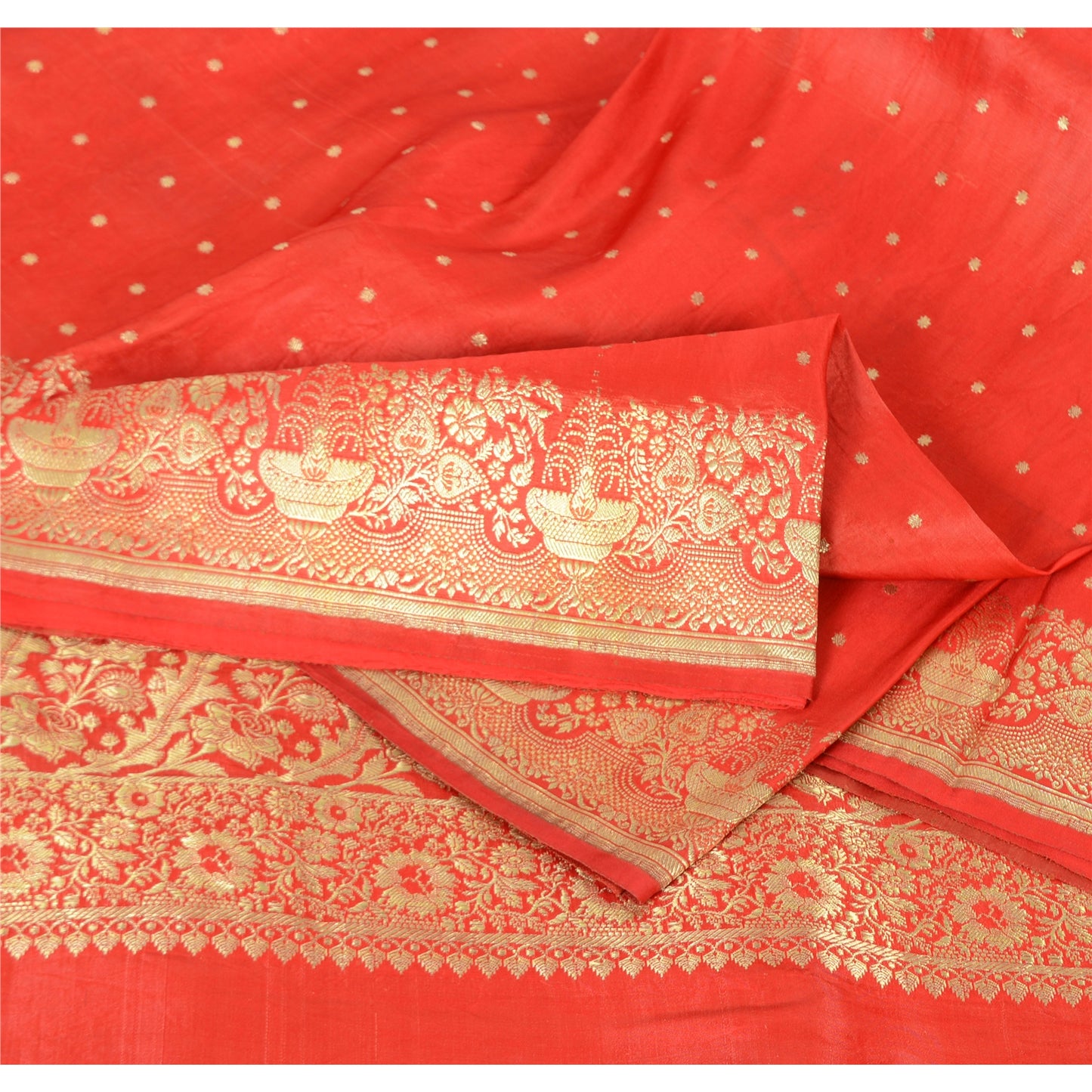 Sanskriti Vintage Red Sarees Pure Satin Silk Banarasi Brocade Woven Fabric Sari