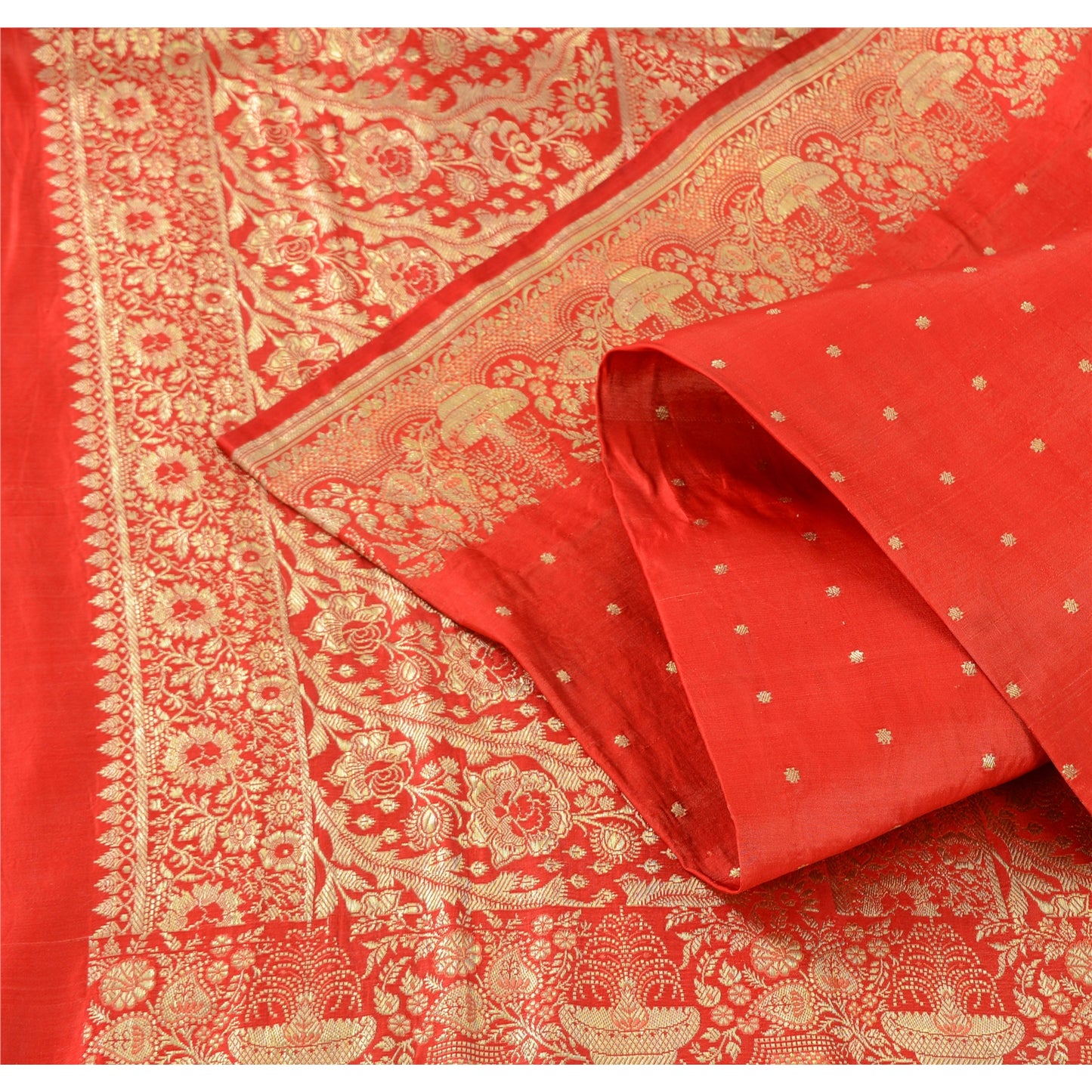 Sanskriti Vintage Red Sarees Pure Satin Silk Banarasi Brocade Woven Fabric Sari