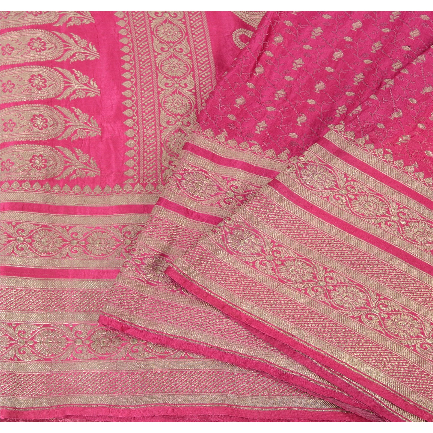 Sanskriti Vintage Fuchsia Sarees Pure Satin Silk Brocade Woven Sari Craft Fabric