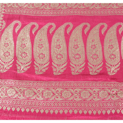 Sanskriti Vintage Fuchsia Sarees Pure Satin Silk Brocade Woven Sari Craft Fabric