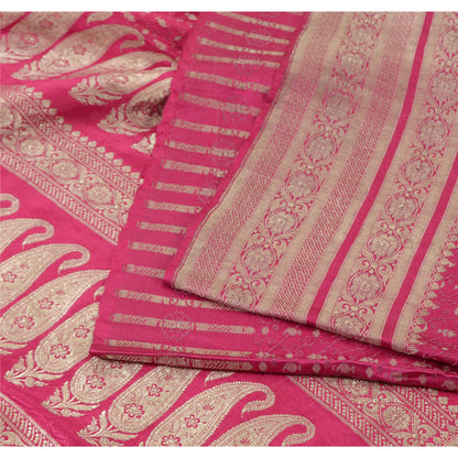 Sanskriti Vintage Fuchsia Sarees Pure Satin Silk Brocade Woven Sari Craft Fabric