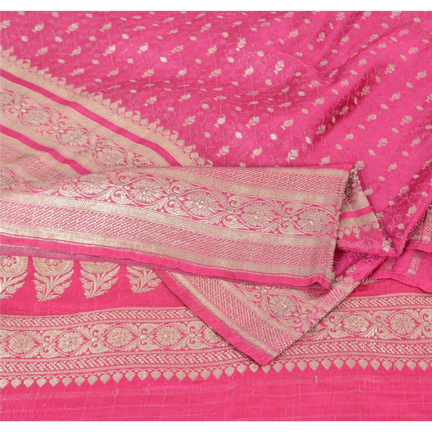 Sanskriti Vintage Fuchsia Sarees Pure Satin Silk Brocade Woven Sari Craft Fabric