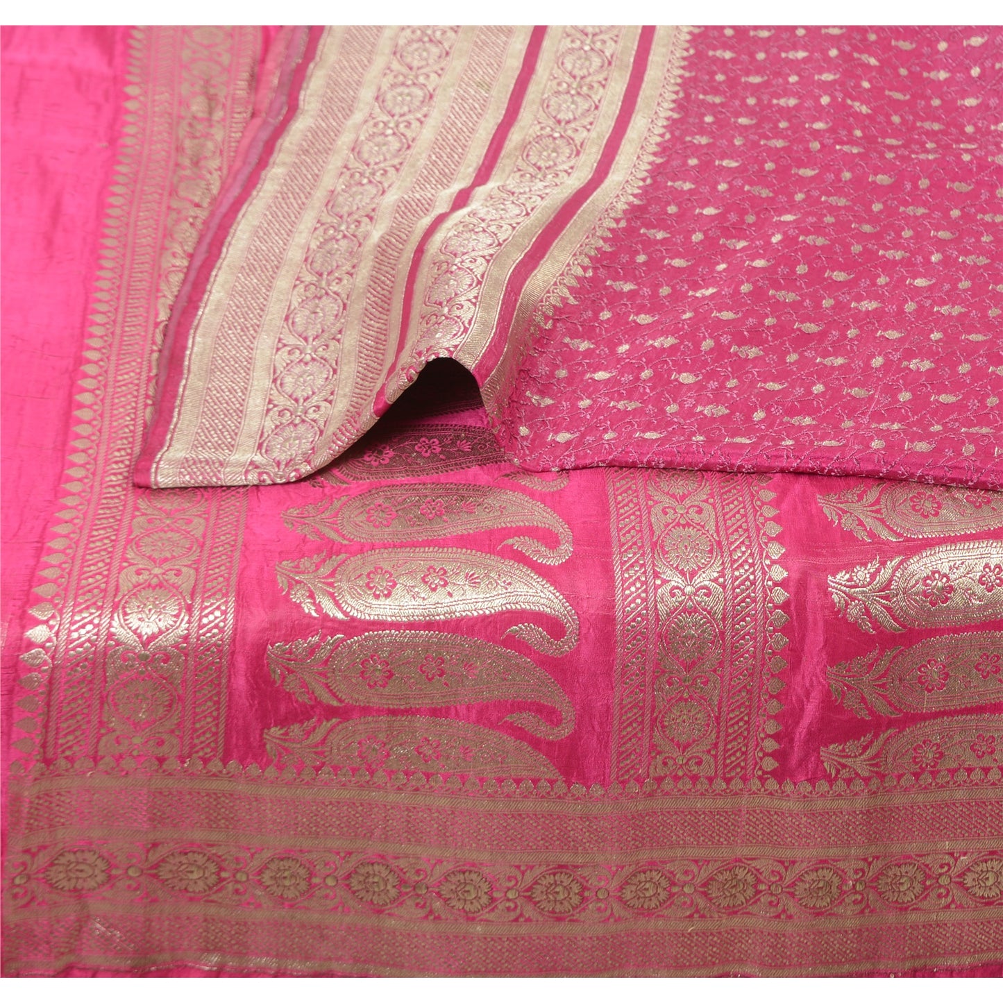 Sanskriti Vintage Fuchsia Sarees Pure Satin Silk Brocade Woven Sari Craft Fabric