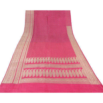 Sanskriti Vintage Fuchsia Sarees Pure Satin Silk Brocade Woven Sari Craft Fabric