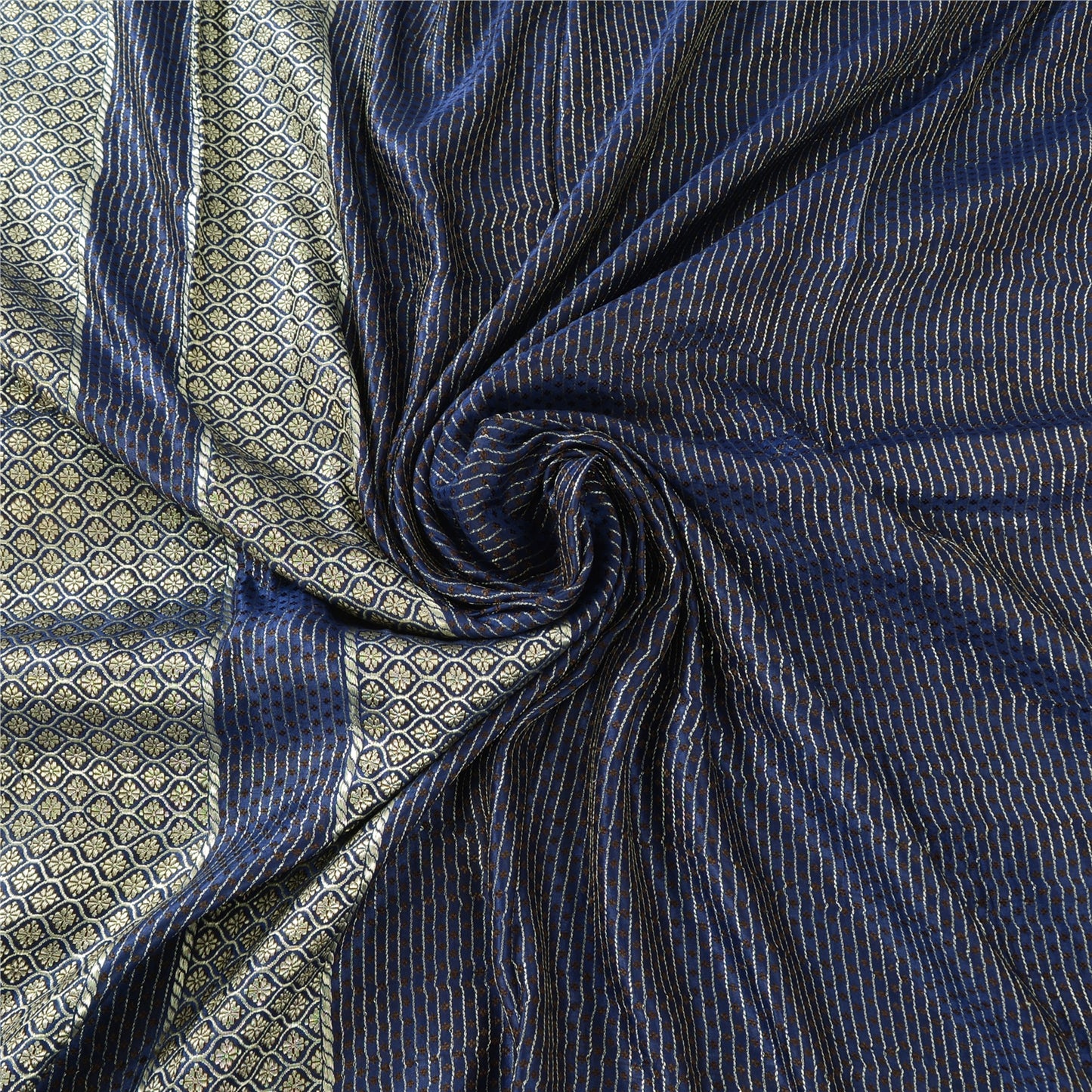 Sanskriti Vintage Navy Blue Sarees Pure Satin Silk Brocade Woven Sari 5yd Fabric