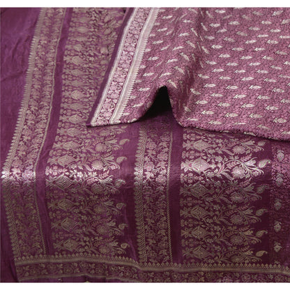 Sanskriti Vintage Purple Sarees Pure Silk Brocade Woven Ethnic Sari 5yd Fabric