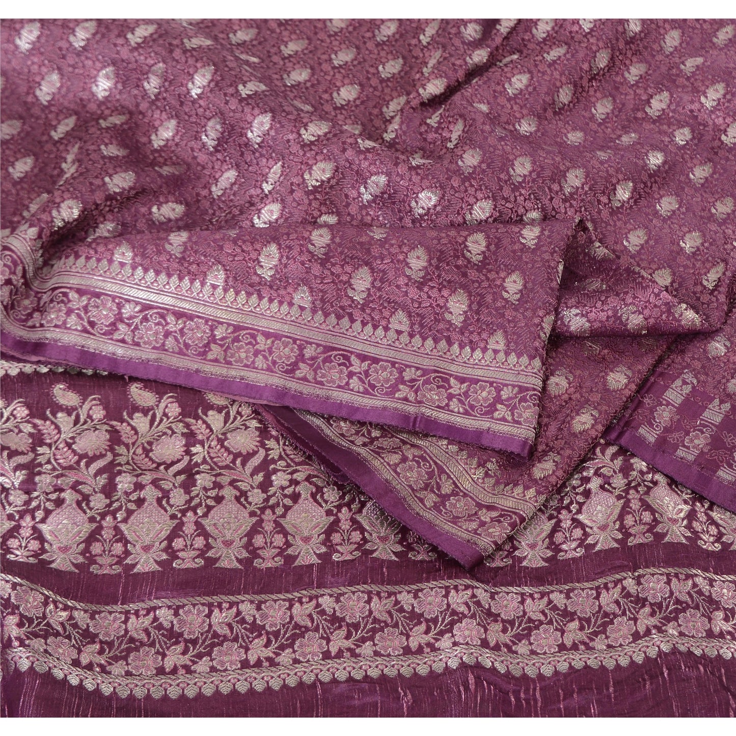 Sanskriti Vintage Purple Sarees Pure Silk Brocade Woven Ethnic Sari 5yd Fabric