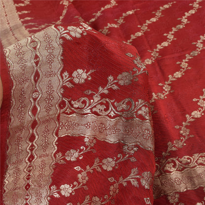 Sanskriti Vintage Red Sarees Pure Satin Silk Brocade/Banarasi Woven Sari Fabric