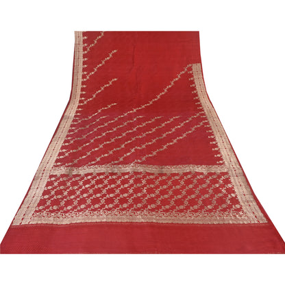 Sanskriti Vintage Red Sarees Pure Satin Silk Brocade/Banarasi Woven Sari Fabric