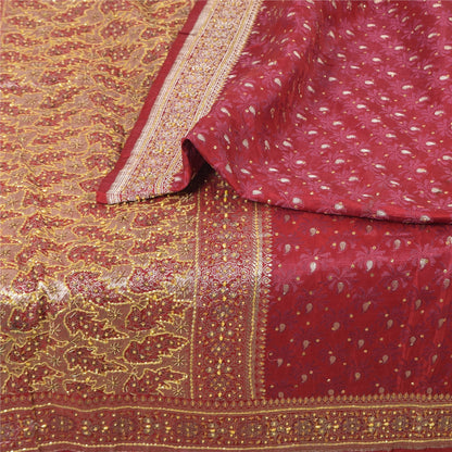 Sanskriti Vintage Red Sarees Pure Satin Silk Brocade Hand Beaded Sari 5yd Fabric