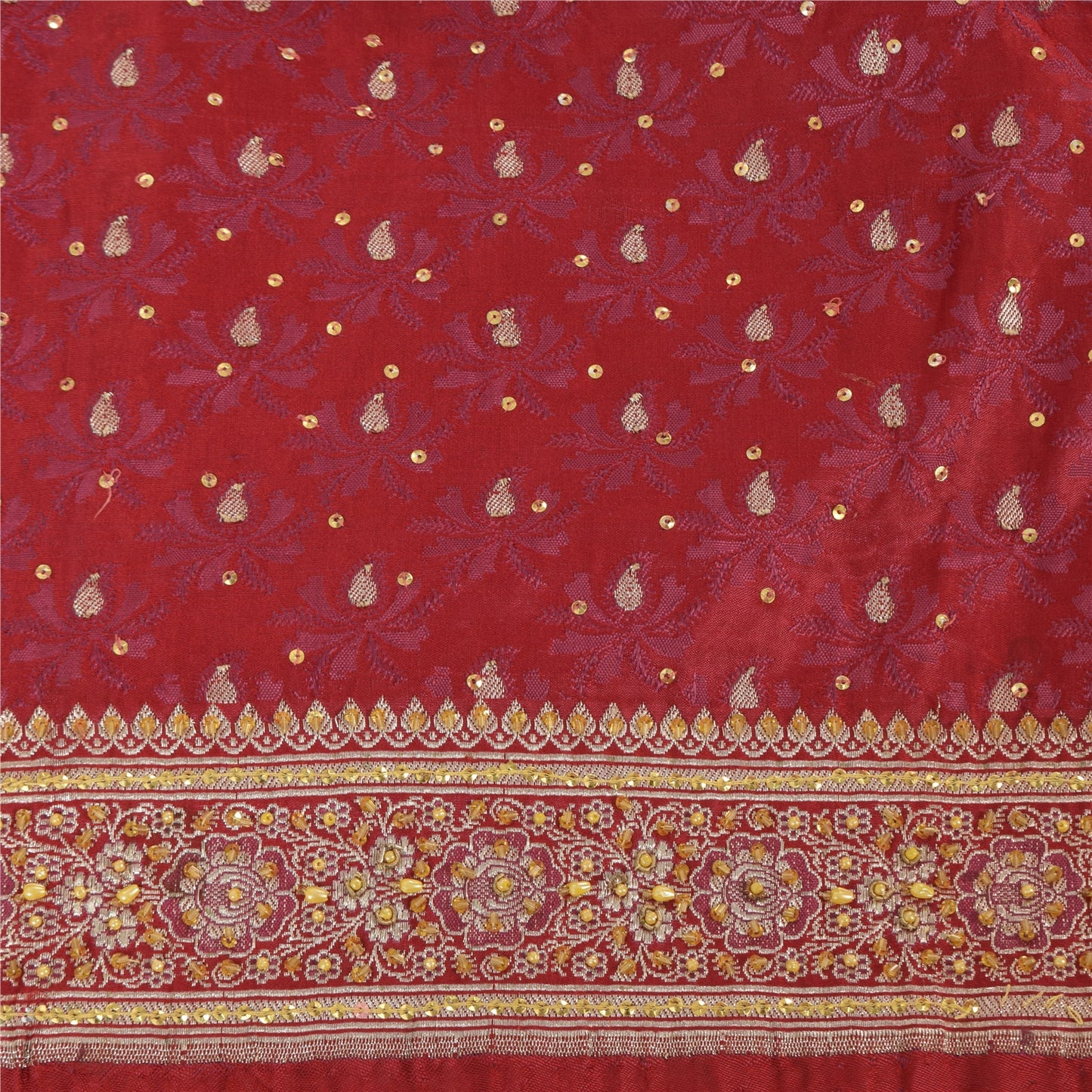 Sanskriti Vintage Red Sarees Pure Satin Silk Brocade Hand Beaded Sari 5yd Fabric