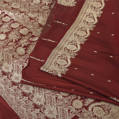 Sanskriti Vintage Dark Red Sarees Pure Satin Silk Brocade Woven Sari 5yd Fabric