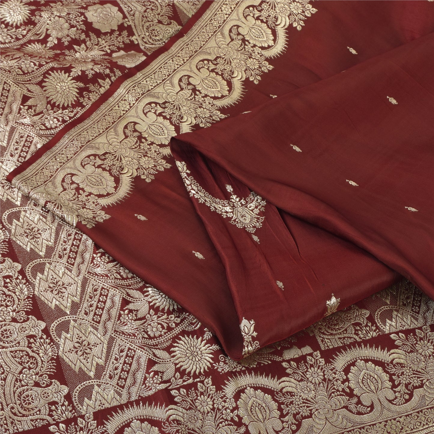 Sanskriti Vintage Dark Red Sarees Pure Satin Silk Brocade Woven Sari 5yd Fabric