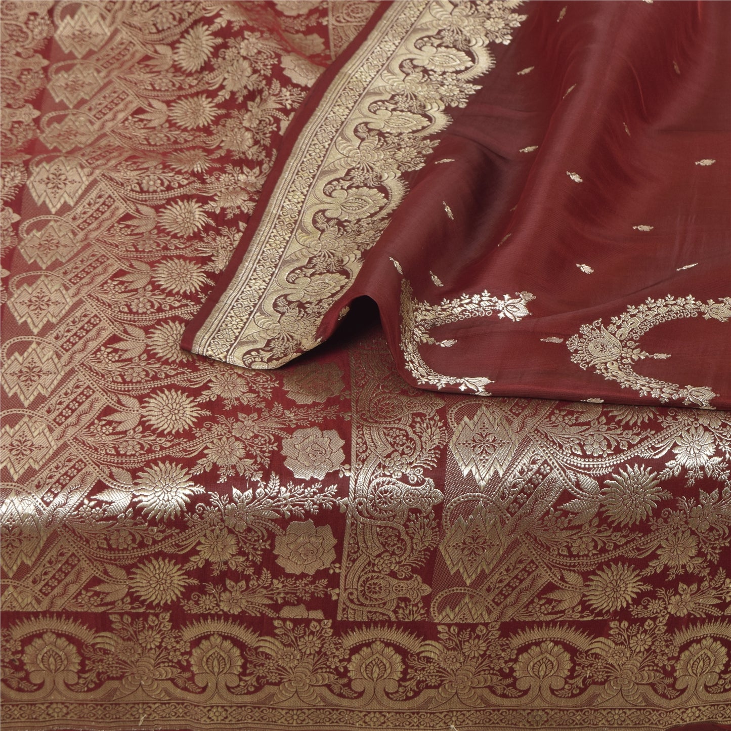 Sanskriti Vintage Dark Red Sarees Pure Satin Silk Brocade Woven Sari 5yd Fabric