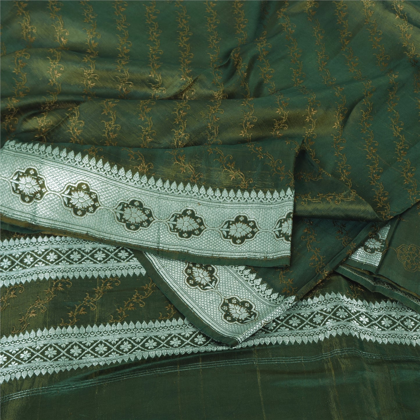 Sanskriti Vintage Dark Green Sarees Pure Satin Silk Banarasi Woven Sari Fabric