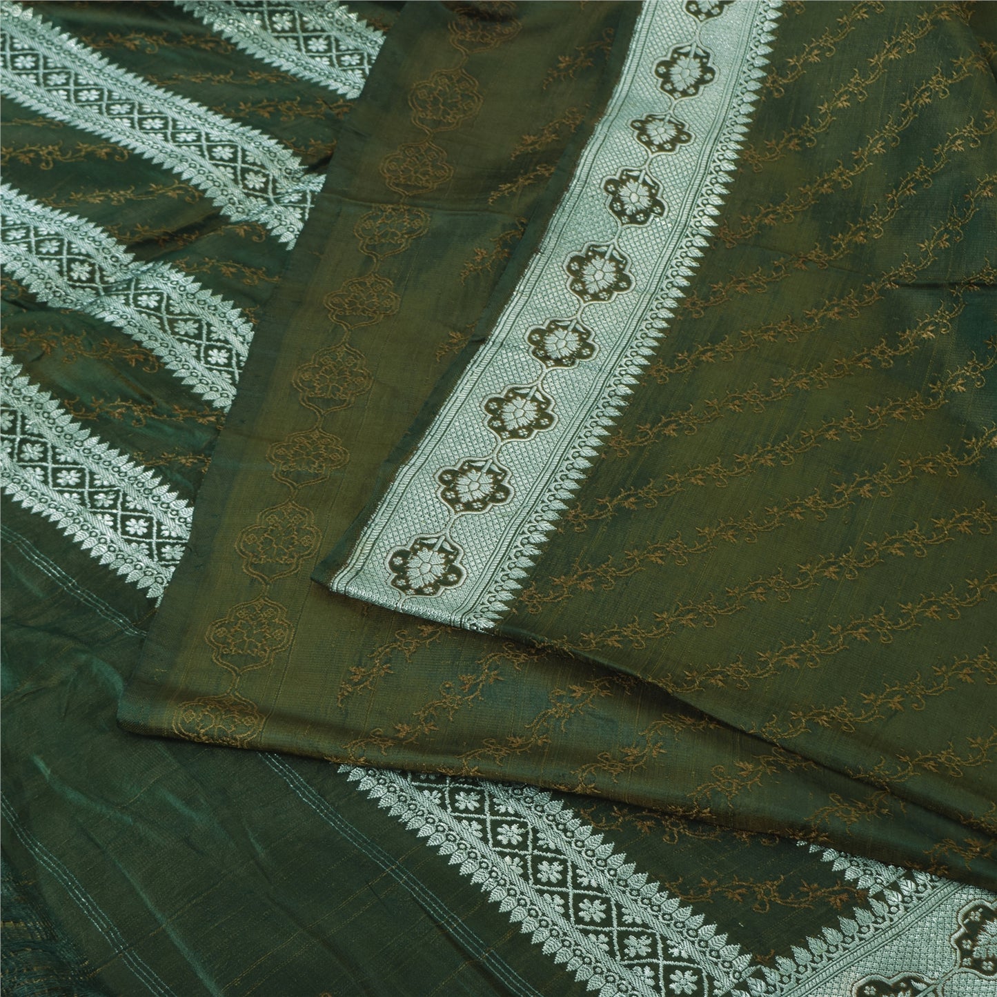 Sanskriti Vintage Dark Green Sarees Pure Satin Silk Banarasi Woven Sari Fabric