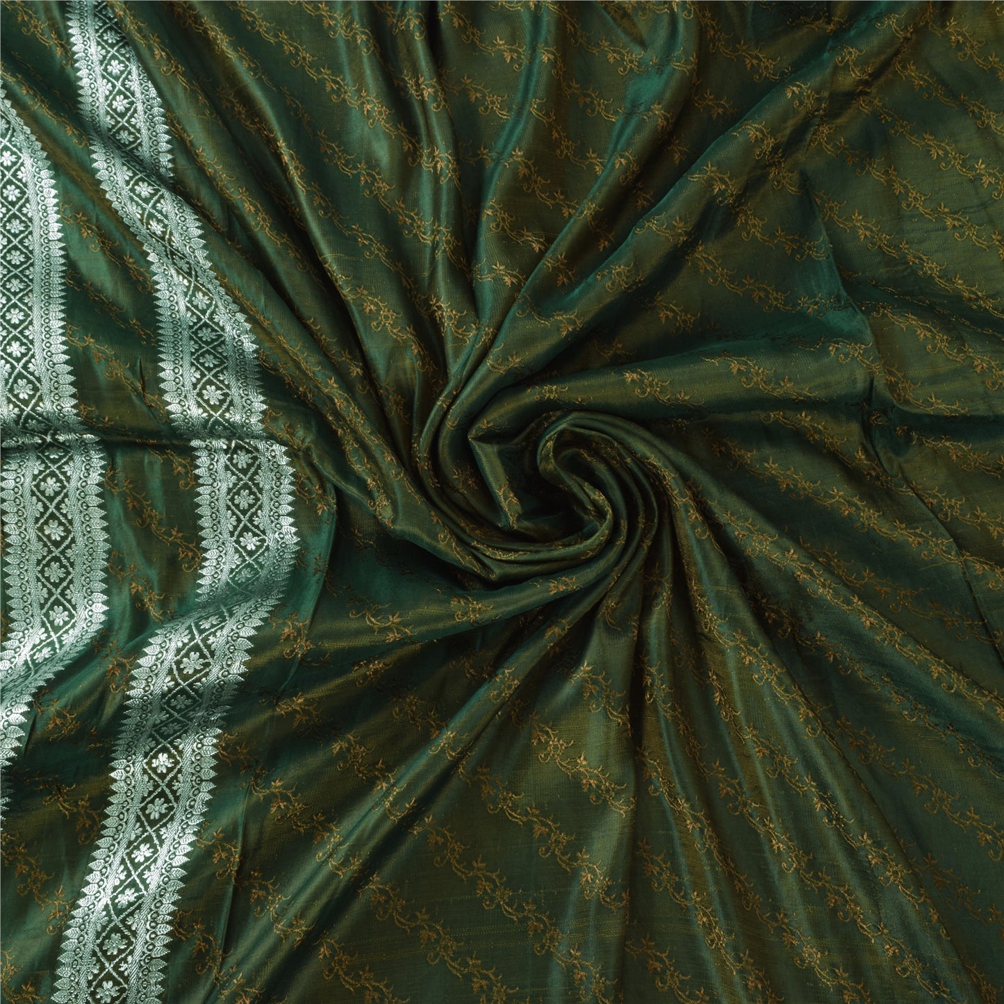 Sanskriti Vintage Dark Green Sarees Pure Satin Silk Banarasi Woven Sari Fabric