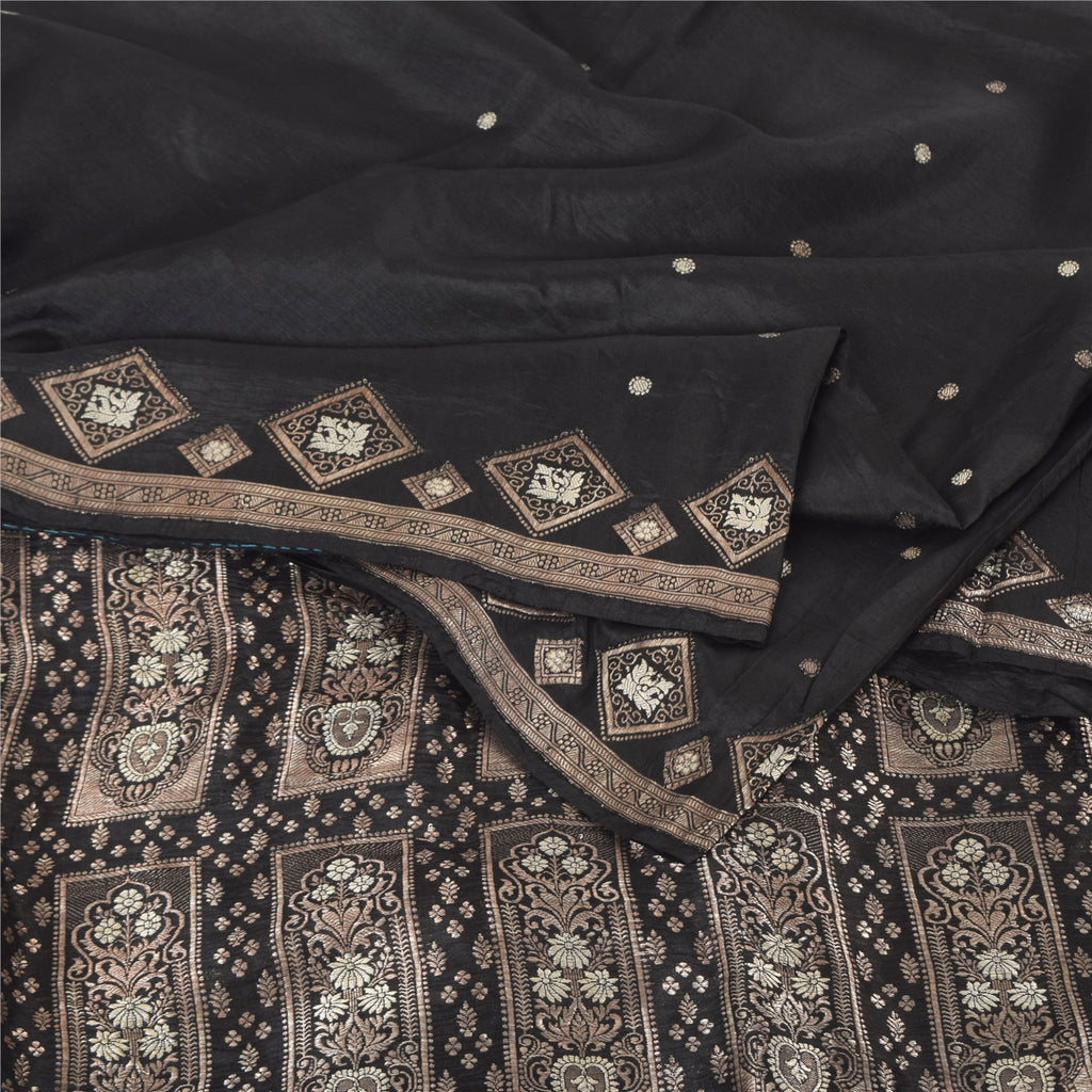 Sanskriti Vintage Black Sarees Pure Silk Brocade/Banarasi Woven Sari 5yd Fabric