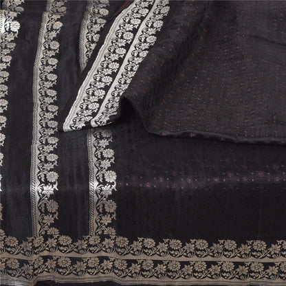 Sanskriti Vintage Black Sarees Pure Satin Silk Banarasi Woven Sari Craft Fabric