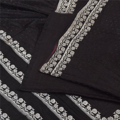 Sanskriti Vintage Black Sarees Pure Satin Silk Banarasi Woven Sari Craft Fabric