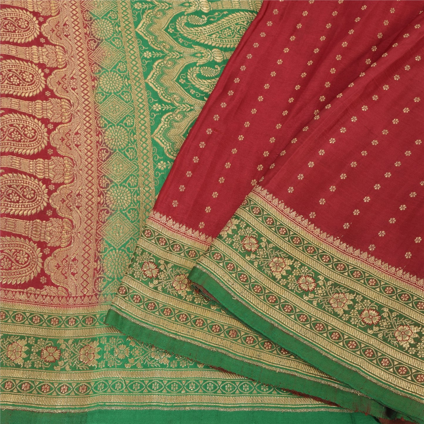 Sanskriti Vintage Green/Red Sarees Pure Silk Brocade/Banarasi Woven Sari Fabric