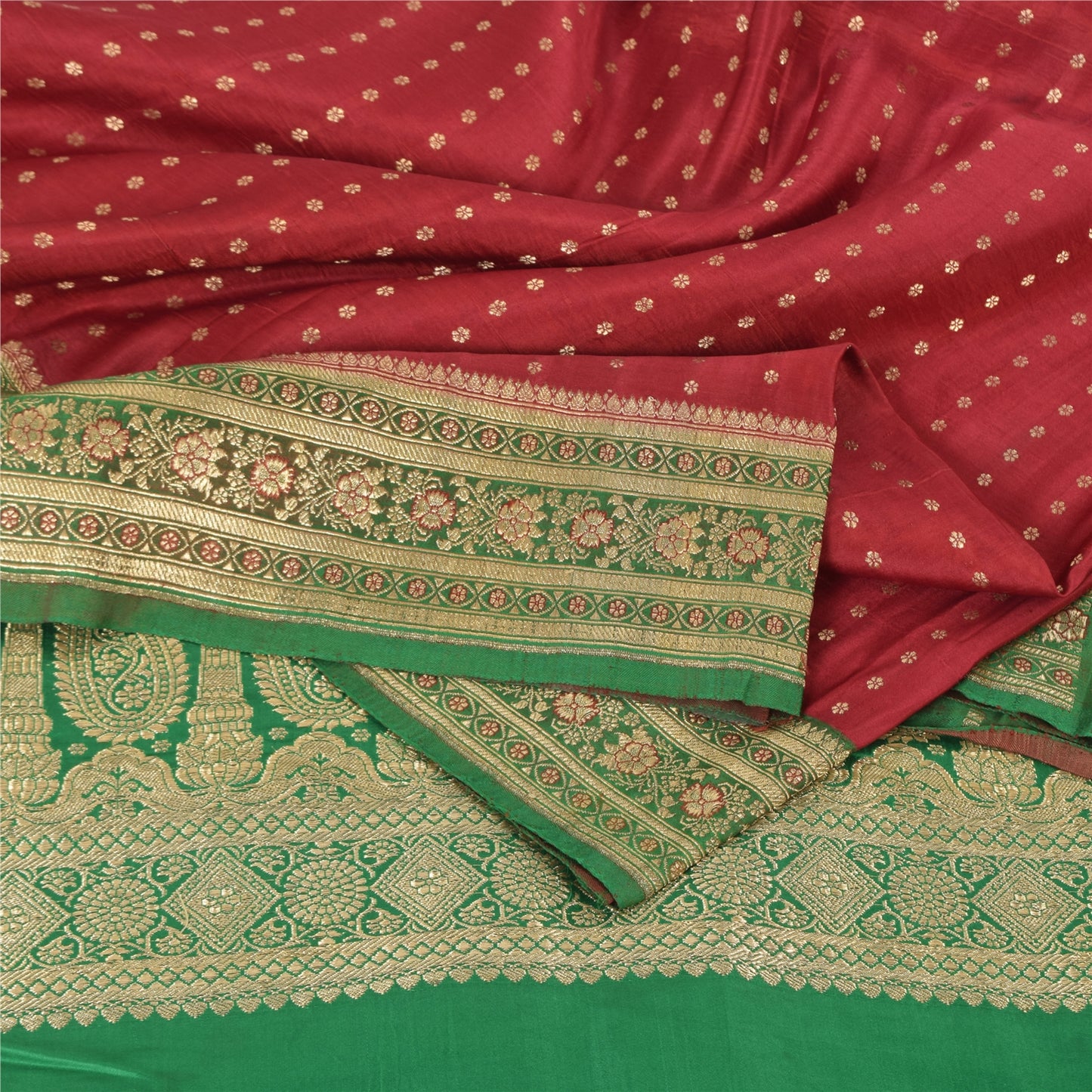 Sanskriti Vintage Green/Red Sarees Pure Silk Brocade/Banarasi Woven Sari Fabric