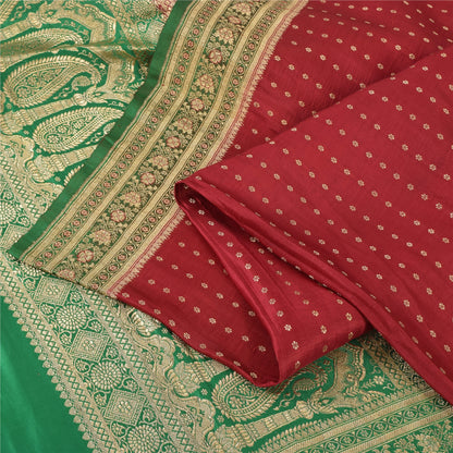 Sanskriti Vintage Green/Red Sarees Pure Silk Brocade/Banarasi Woven Sari Fabric