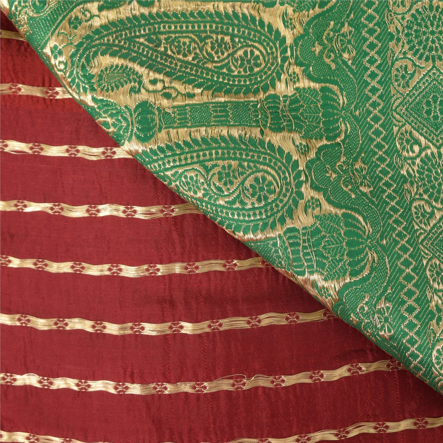 Sanskriti Vintage Green/Red Sarees Pure Silk Brocade/Banarasi Woven Sari Fabric