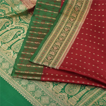 Sanskriti Vintage Green/Red Sarees Pure Silk Brocade/Banarasi Woven Sari Fabric