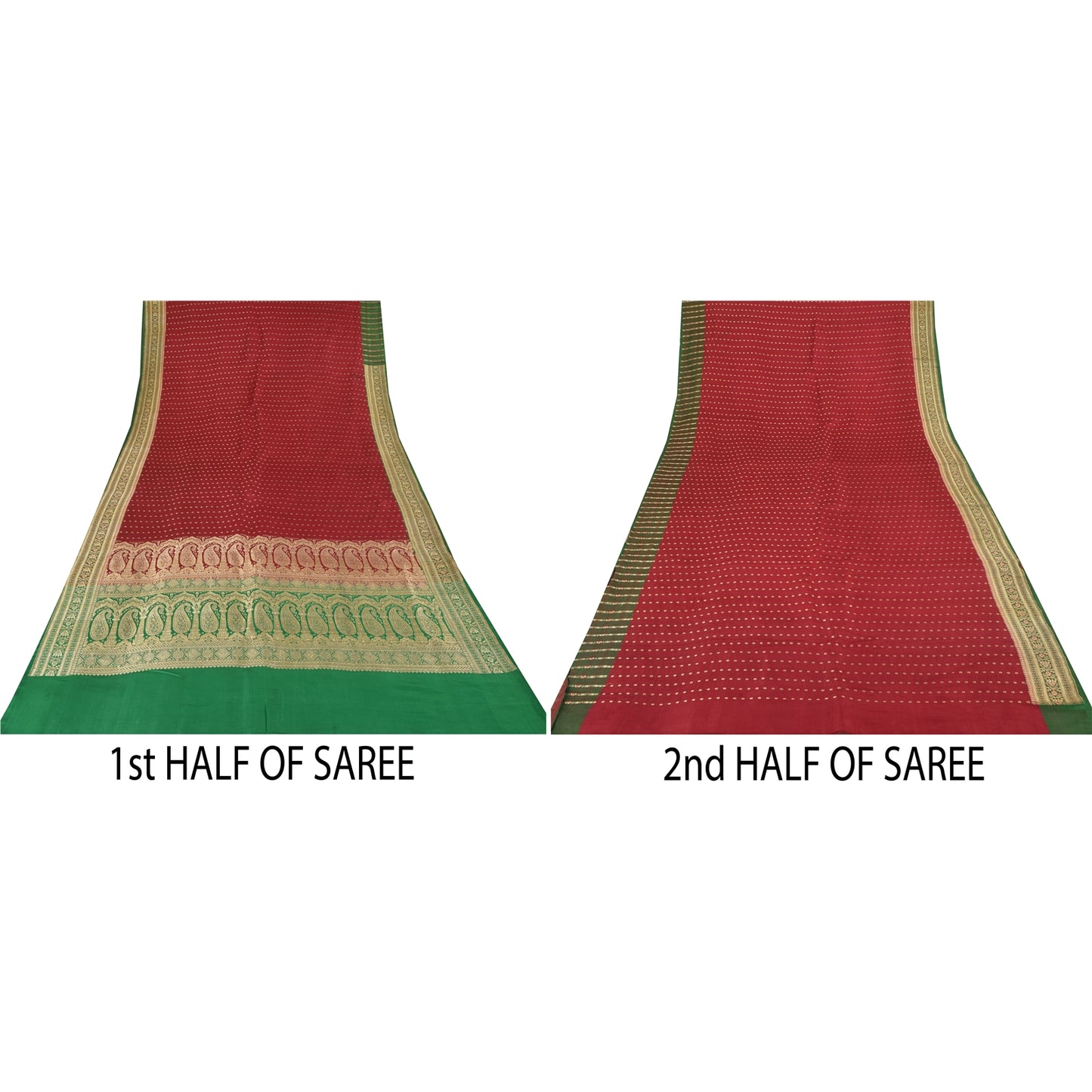 Sanskriti Vintage Green/Red Sarees Pure Silk Brocade/Banarasi Woven Sari Fabric