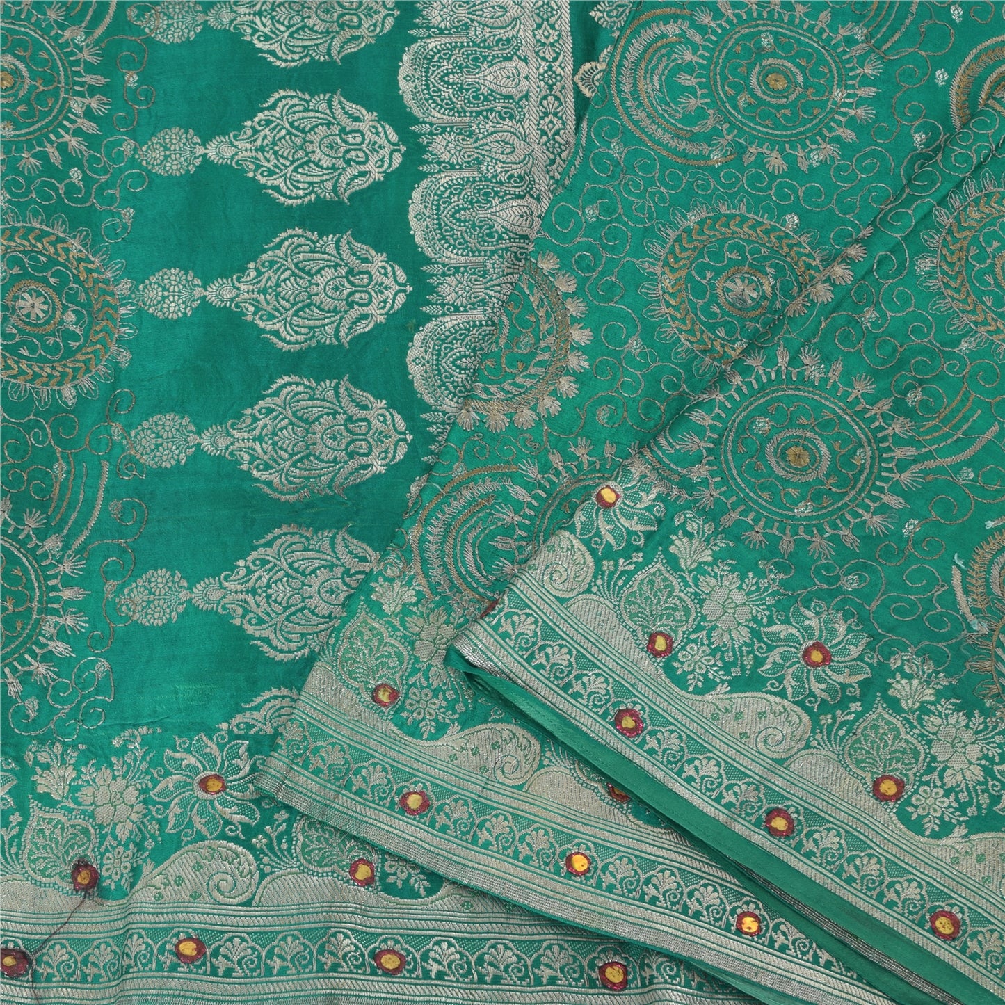 Sanskriti Vintage Teal Sarees Pure Satin Silk Brocade/Banarasi Woven Sari Fabric