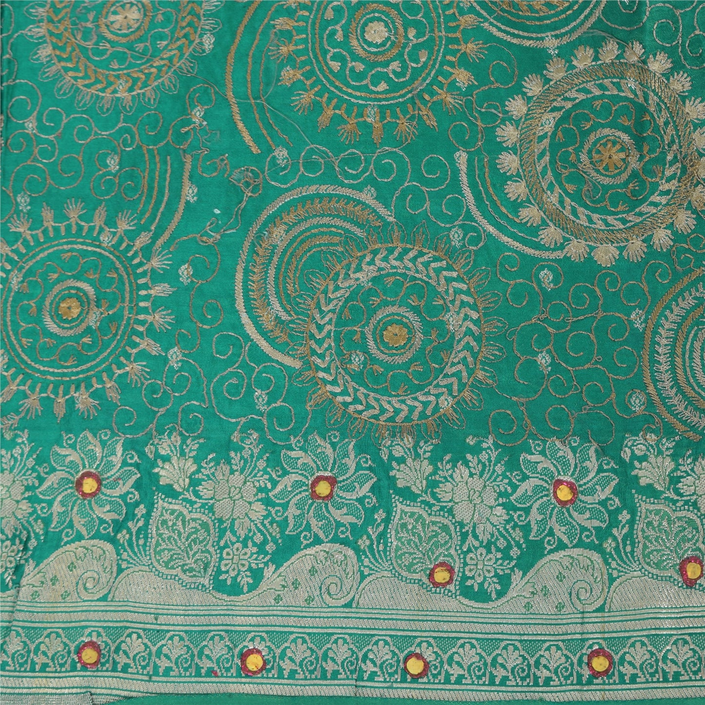 Sanskriti Vintage Teal Sarees Pure Satin Silk Brocade/Banarasi Woven Sari Fabric