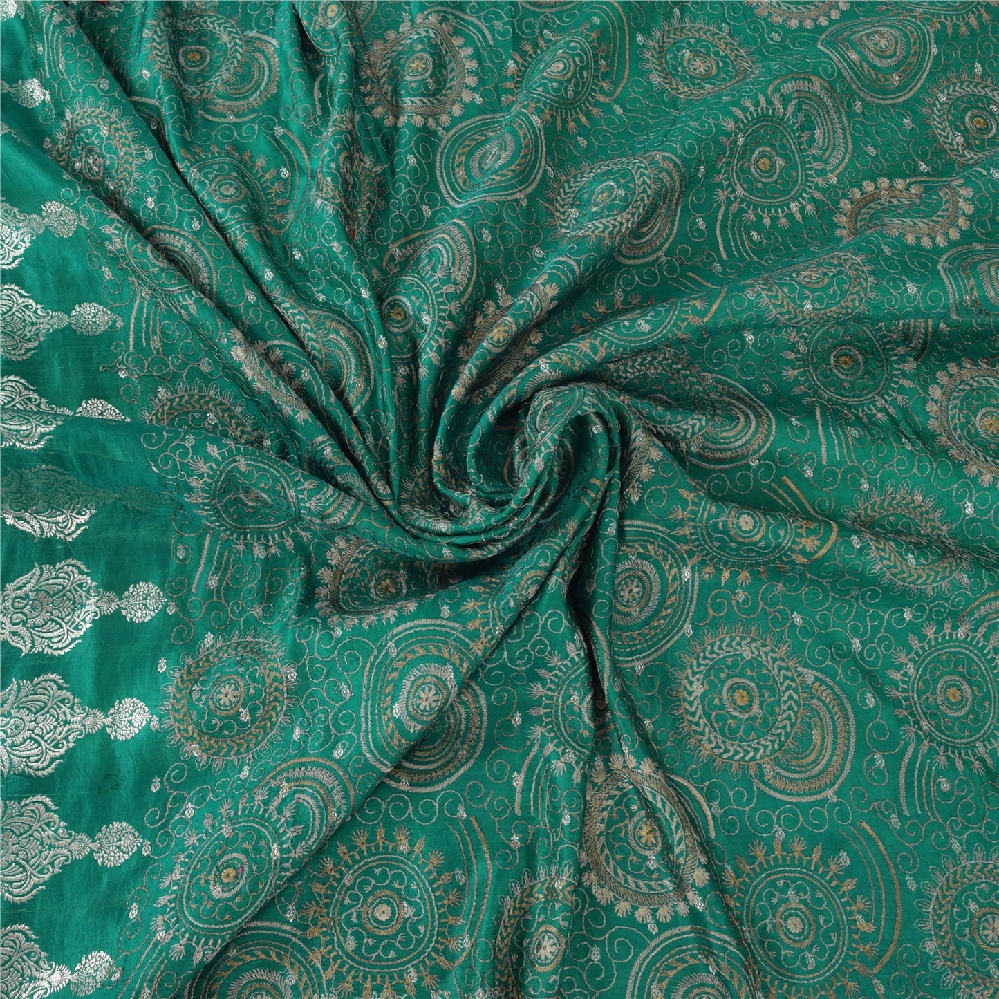 Sanskriti Vintage Teal Sarees Pure Satin Silk Brocade/Banarasi Woven Sari Fabric