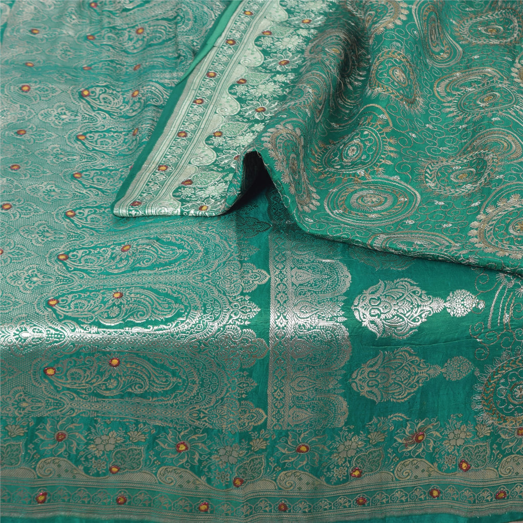 Sanskriti Vintage Teal Sarees Pure Satin Silk Brocade/Banarasi Woven Sari Fabric