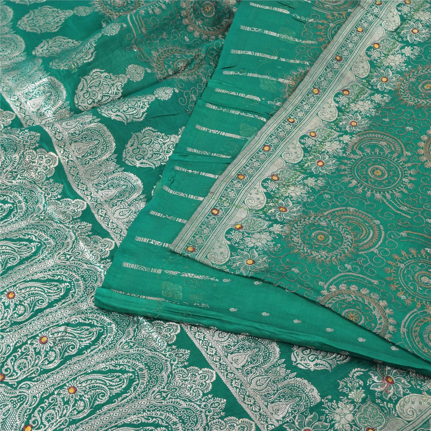 Sanskriti Vintage Teal Sarees Pure Satin Silk Brocade/Banarasi Woven Sari Fabric