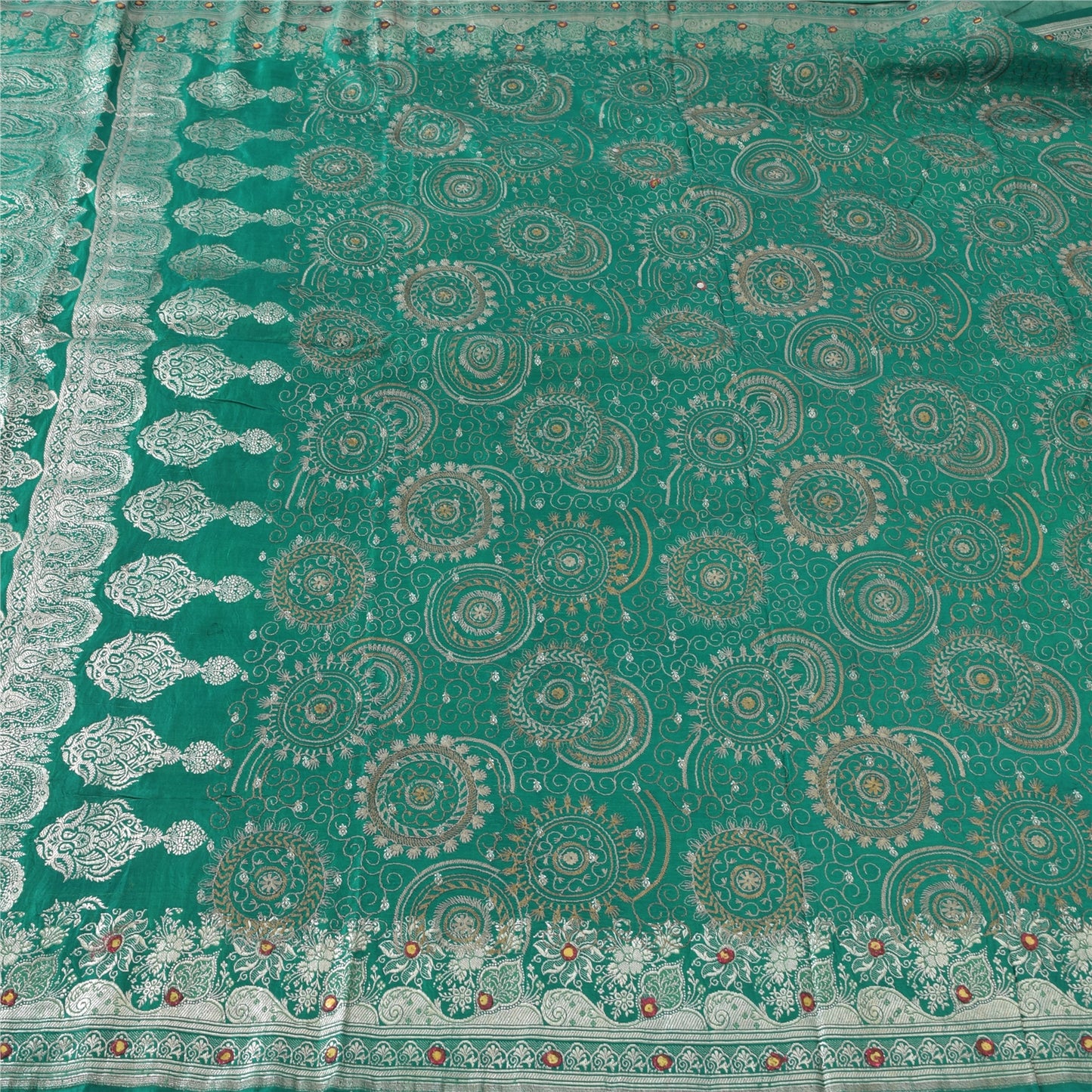 Sanskriti Vintage Teal Sarees Pure Satin Silk Brocade/Banarasi Woven Sari Fabric