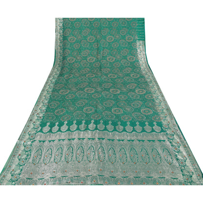 Sanskriti Vintage Teal Sarees Pure Satin Silk Brocade/Banarasi Woven Sari Fabric