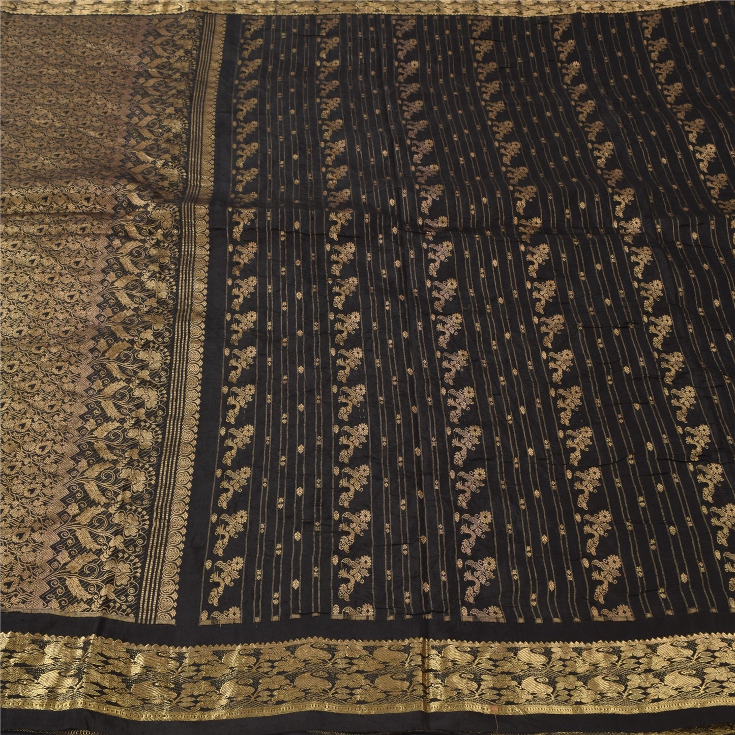 Sanskriti Vintage Indian Black Sarees Pure Silk Woven Brocade Sari Craft Fabric