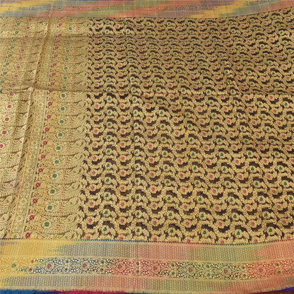 Sanskriti Vintage Brown Sarees Pure Silk Brocade/Banarasi Woven Sari 5yd Fabric