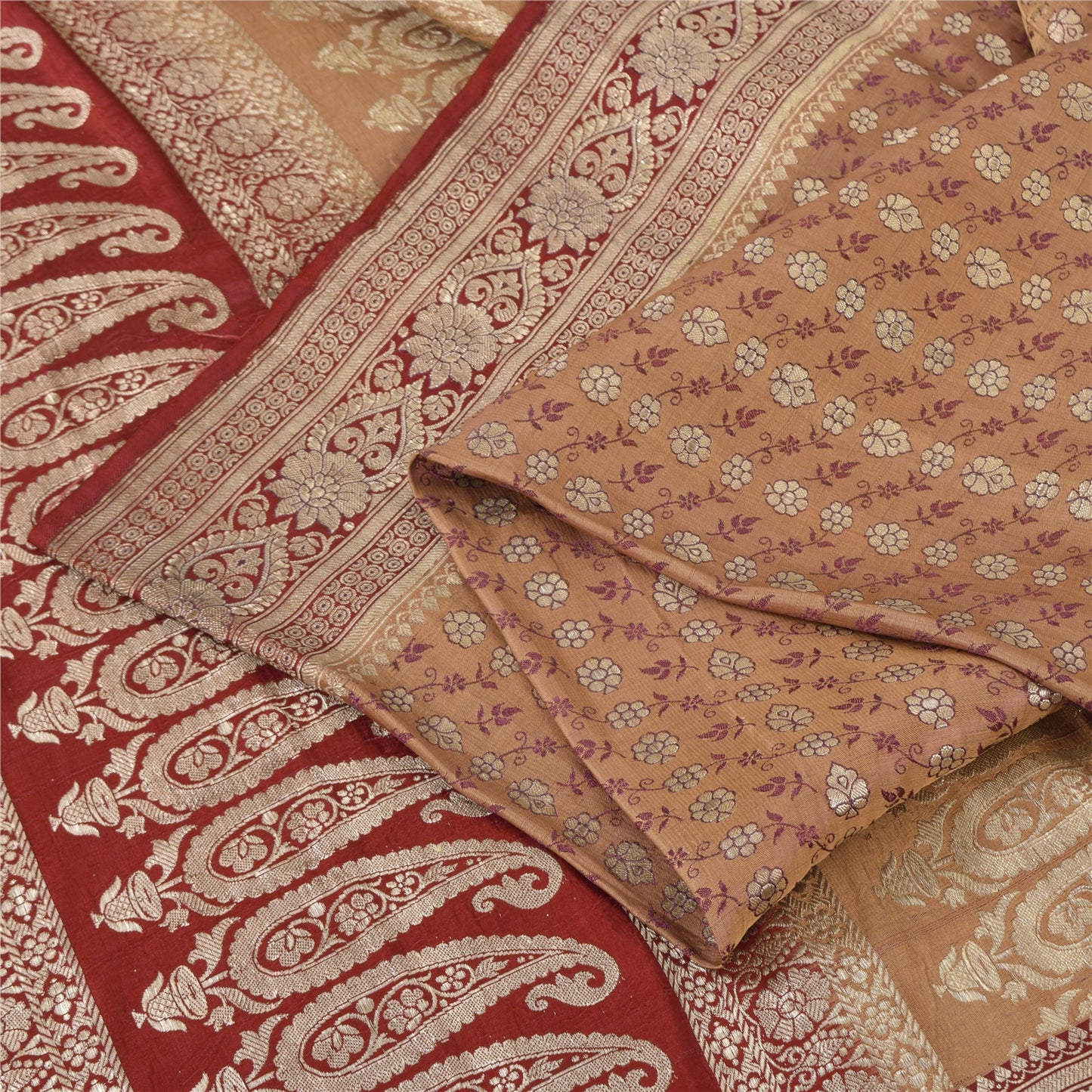 Sanskriti Vintage Red/Cream Sarees Pure Silk Brocade/Banarasi Woven Sari Fabric