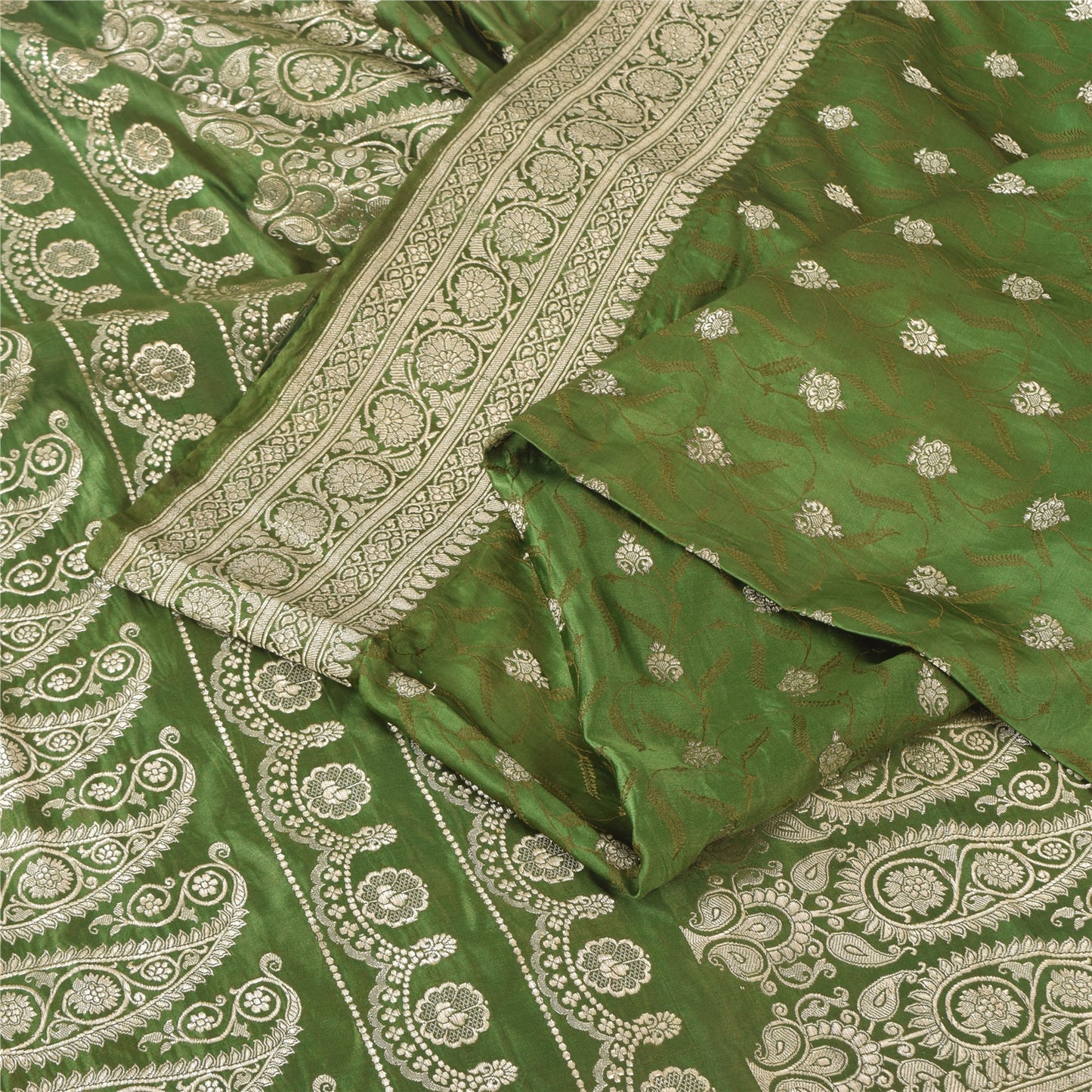 Sanskriti Vintage GreenSarees Pure Satin Silk Brocade/Banarasi Woven Sari Fabric