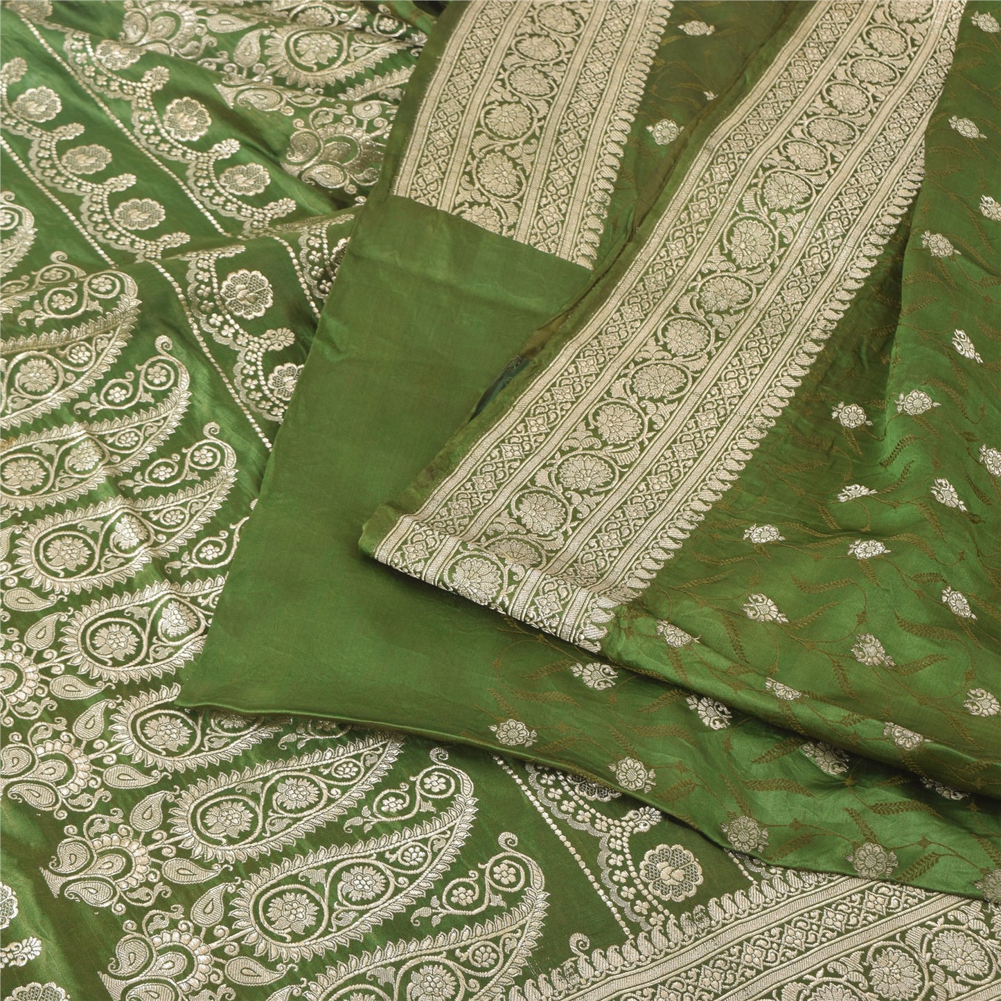 Sanskriti Vintage GreenSarees Pure Satin Silk Brocade/Banarasi Woven Sari Fabric