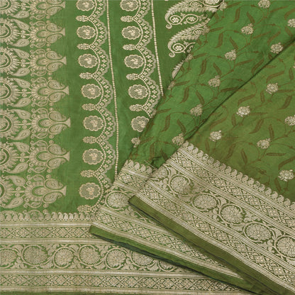 Sanskriti Vintage GreenSarees Pure Satin Silk Brocade/Banarasi Woven Sari Fabric