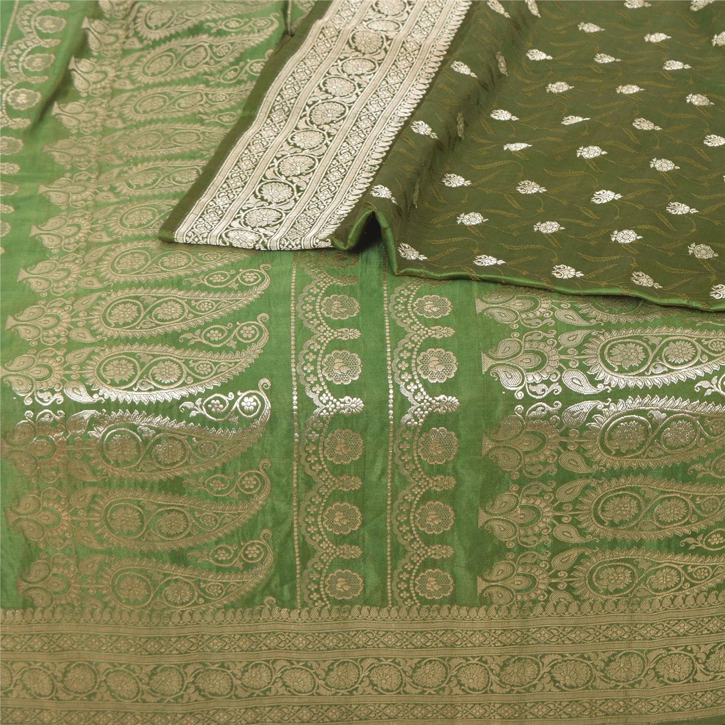 Sanskriti Vintage GreenSarees Pure Satin Silk Brocade/Banarasi Woven Sari Fabric