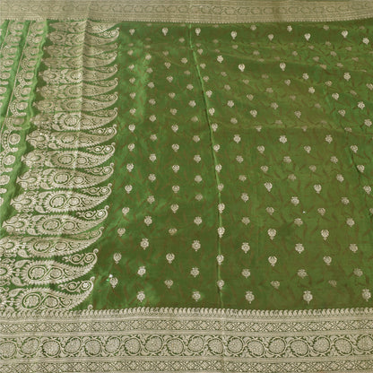 Sanskriti Vintage GreenSarees Pure Satin Silk Brocade/Banarasi Woven Sari Fabric