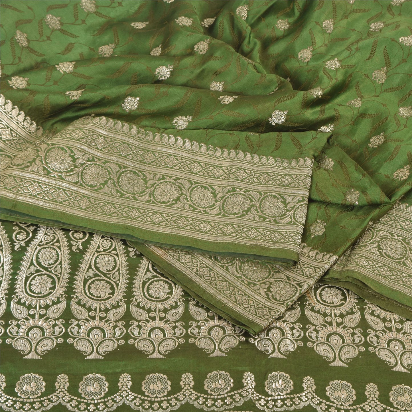 Sanskriti Vintage GreenSarees Pure Satin Silk Brocade/Banarasi Woven Sari Fabric