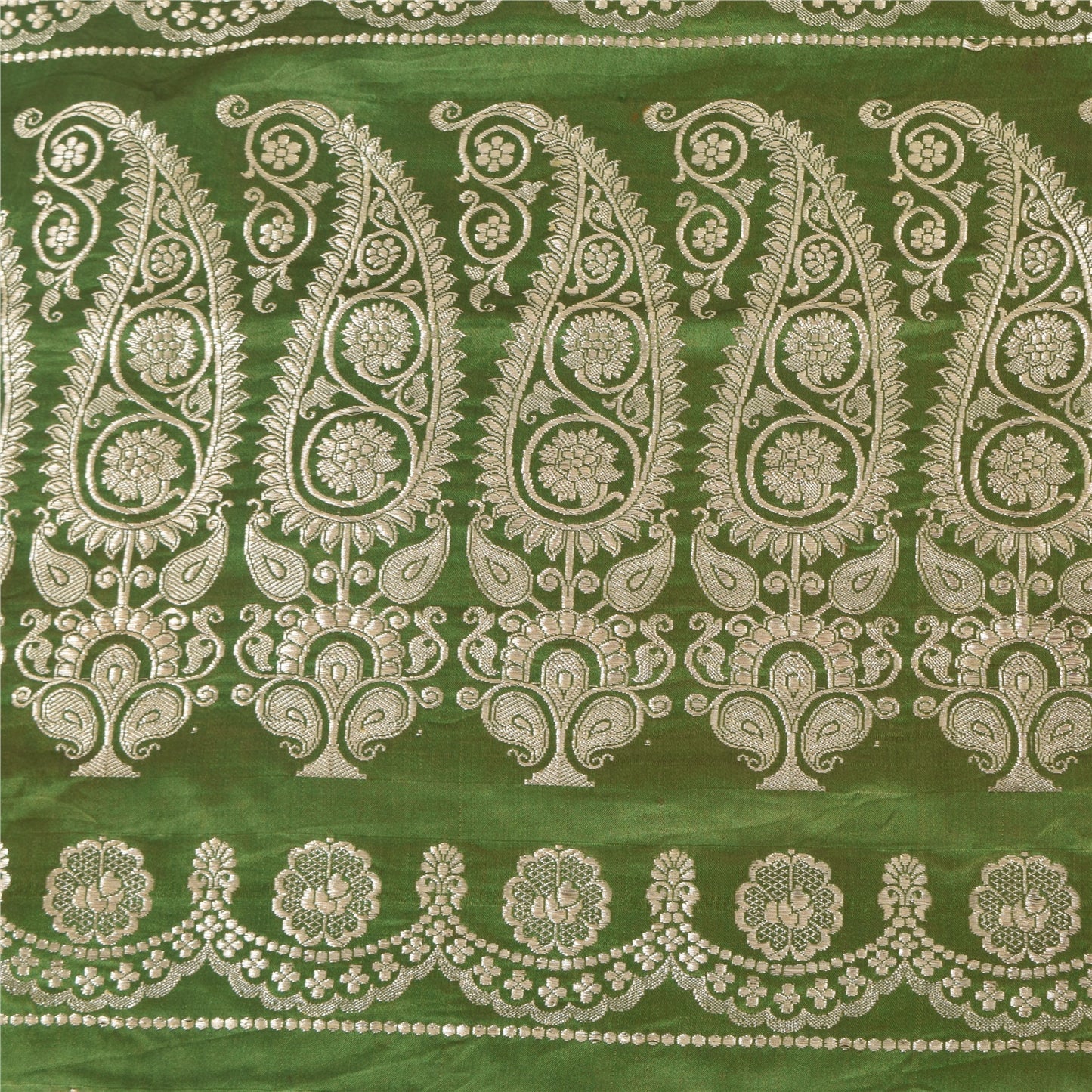 Sanskriti Vintage GreenSarees Pure Satin Silk Brocade/Banarasi Woven Sari Fabric