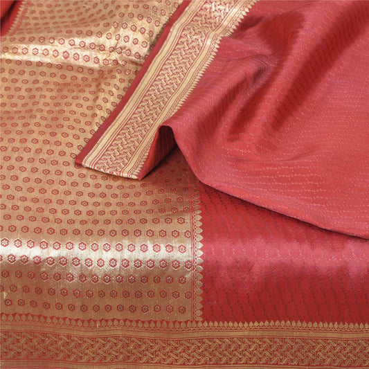 Sanskriti Vintage Red Sarees Pure Silk Brocade/Banarasi Woven Sari Craft Fabric