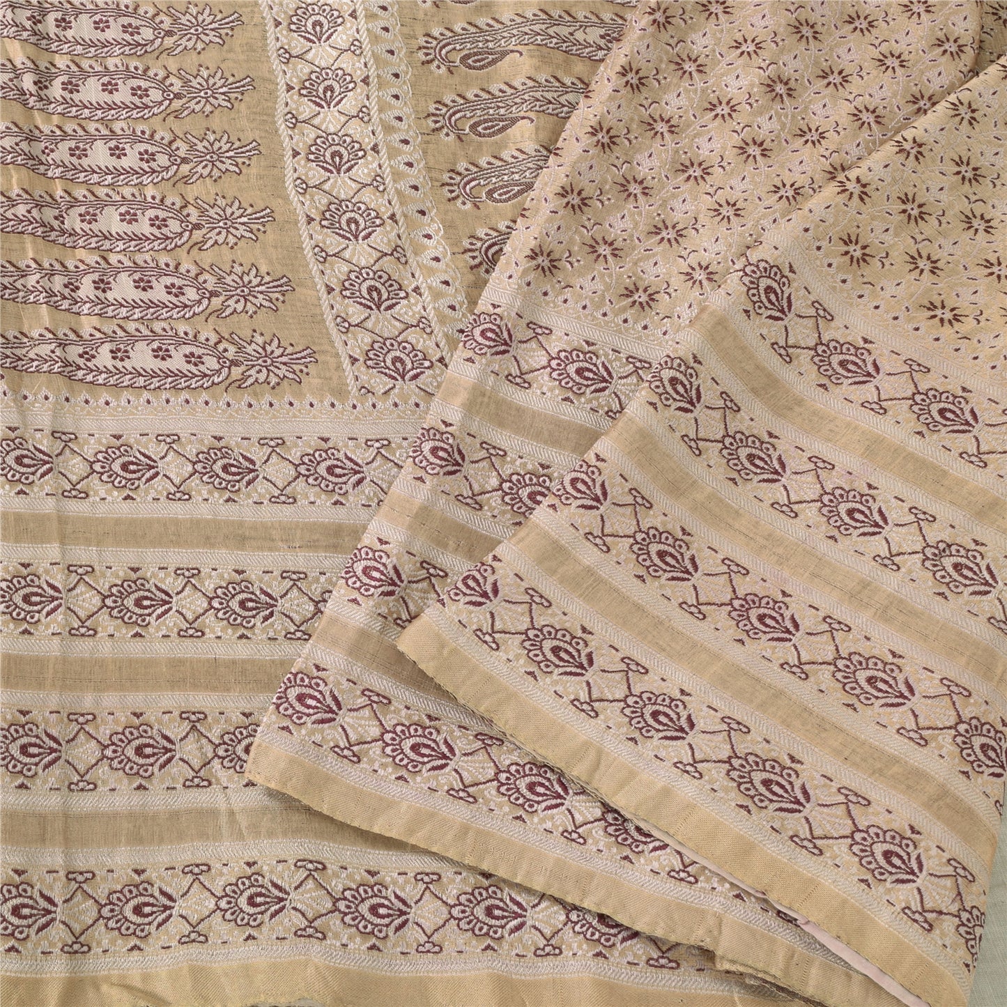 Sanskriti Vintage Cream Sarees Pure Satin Silk Woven Premium Sari Craft Fabric